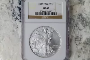Silver American Eagle 2008 MS 69A Splendido Stunner NGC Classificato Una Bellezza Brillante! - Foto 1 di 2