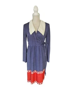 Vintage Wrap Dress Dots Red White Blue By Domino Long Sleeve Size Sm/Med - Picture 1 of 10