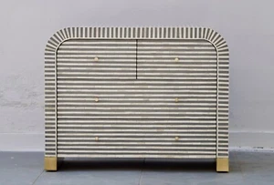 Bone Inlay Chest of 4 Drawers Grey Stripe Pattern Home Décor Furniture - Picture 1 of 10
