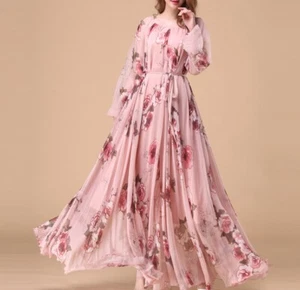 Maxi Vestido Maya Antonia de Gasa, Rosa Floral Codo/Mangas Cortas-Largas/Boho/Fluido - Imagen 1 de 10
