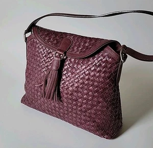 J Peterman Co Woven Italian Leather Shoulder Satchel Bag Eggplant Mod Retro - Picture 1 of 16