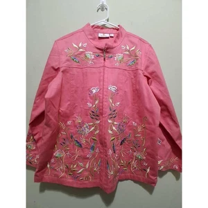 Quaker Factory Women's L Pink Embroidered Butterfly Floral Zip Up Jacket Boho - Picture 1 of 8