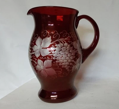 Antique 19thC Victorian Ruby Flash Pitcher, Blown & Engraved Bohemian Glass - Image 1 of 4