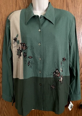Cervelle Embroidered Blouse Long Sleeve Button Front 100% Silk Women's Size Med. - Image 1 of 4