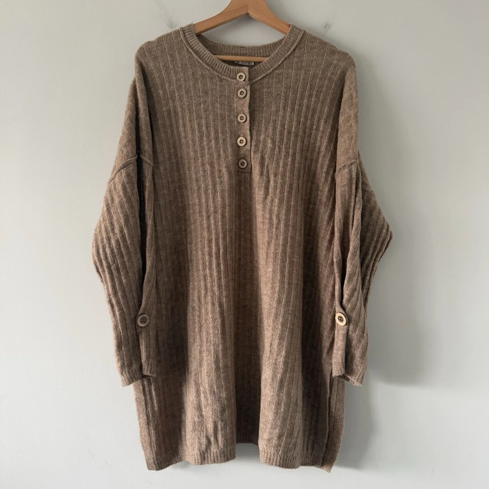 Intimately Free People Oversized Henley Sweater Size M Ribbed Beige Knit Comfy - Image 1 of 4