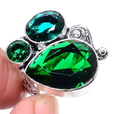 Anillo de joyería ruso cromado diopsido, turmalina verde azulado plateado s.6.5 Foto 1 de 3