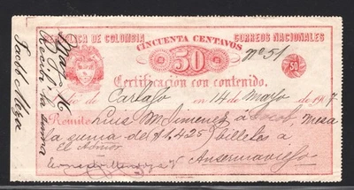 Sello Carta Asegurada COLOMBIA *PERFORADO* 50c CUBIERTA Carlaja 1907 #G40 WT82 Foto 1 de 4