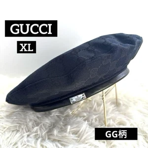 Authentic Gucci GG Pattern Beret Hat XL Black Leather Trim Logo Plate Unisex - Picture 1 of 11