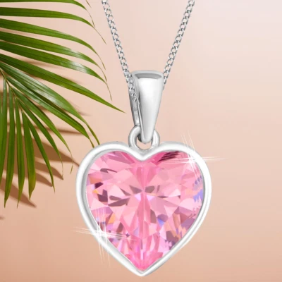 Rosa Zirkonia Herz Kette Anhänger Halskette 925 Sterling Silber Mädchen Damen - Bild 1 von 4