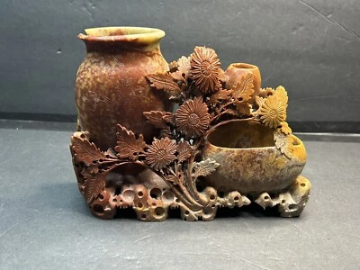 ANTIGUO JARRÓN/OLLA DOBLE DE PIEDRA DE JABÓN TALLADA A MANO CON FLORES Foto 1 de 4