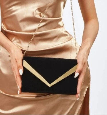 Women's Black Velvet Gold Metal Decor Flap Square Bag Clutch Wedding Party Gift - Image 1 of 4
