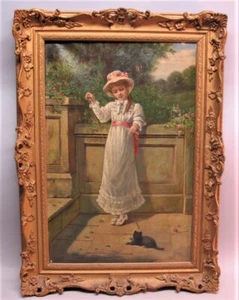 Original 19th C. English Oil Painting D. W. HADDON Playing Kitten Cat circa 1880 - Picture 1 of 11