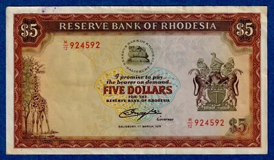 Rhodesia $5 1976  (1st March 1976) P-36a, Circulated Banknote M/12 924592 - Image 1 of 3