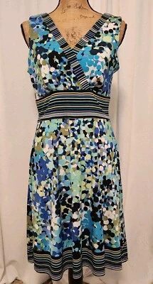 Dressbarn Women's Petite 10 Blue Colorful Sleeveless V-Neck A-Line Dress - Image 1 of 4