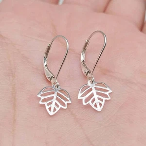 925 Silver Leaf Leverback Earrings Nature Inspired Tree Dangle Elegant Leaves - Picture 1 of 6