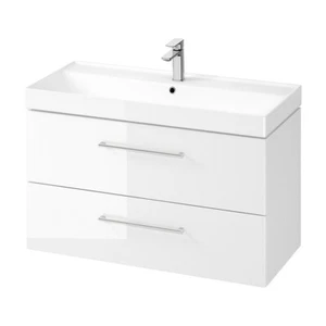 Badmöbel Set Waschbecken mit Unterschrank Waschtisch Silber Griffe LARGA100 Weiß - Bild 1 von 7