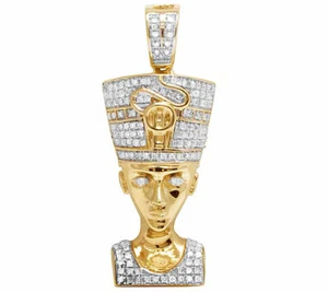 10K Yellow Gold Real Diamond Egyptian Queen Nefertiti Charm Pendant 0.35CT 1.3" - Picture 1 of 7