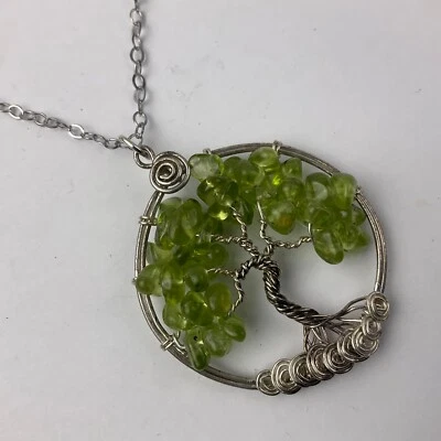 Genuine Green Peridot Bead Tree of Life Pendant Chain Necklace Sterling Silver - Image 1 of 4