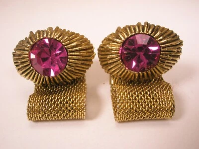 Red Rhinestone Wraparound Mesh Watchband Vintage Cuff Links - Image 1 of 4