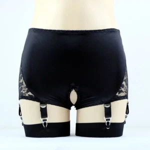 Luxallacki Crotchless Garter Panties 6 Straps Metal Clips Lace Satin Lingerie - Picture 1 of 26
