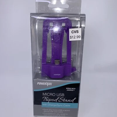 PowerXcel Micro USB Tripod Stand Black w/Charge/Sync Cable for Android, Purple - Image 1 of 2