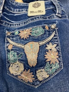 Miss Me Jeans Mid Rise Boot Girls 14 Floral Western Longhorn Bull Pockets Boho - Picture 1 of 16