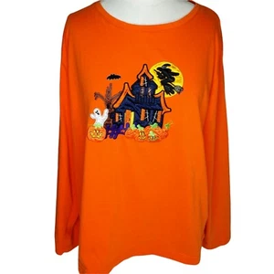 Bobby Brooks Halloween Shirt XL Orange Stitched Haunted House, Ghosts, Witch - Picture 1 of 10