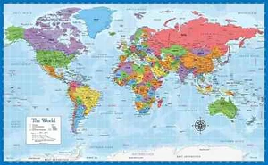 Laminated World Map Poster - Wall Chart Map of Earth - 18" X 29" (Blue) - Picture 1 of 7