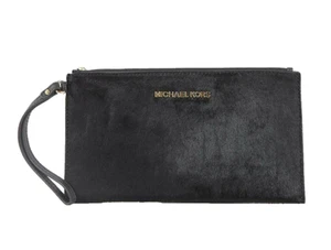 NEW Michael Kors Bedford Haircalf Large Zip Clutch/Wristlet-Black/Gold - Picture 1 of 3