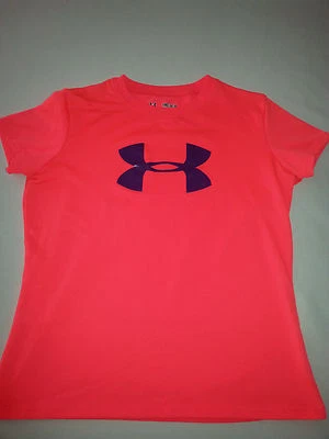 UNDER ARMOUR Girls LOOSE pink POLYESTER youth medium SHORT SLEEVE SHIRT - Image 1 of 4