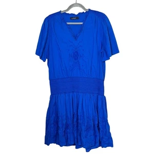 Ralph Lauren Sizanna Embroidered Smocked Waist A-Line Cotton Dress Royal Blue 18 - Picture 1 of 9