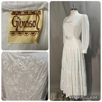 Vestido Mexicano Girasol Gonzalo Bauer Blanco Pintuck Años 70 Talla 8  Foto 1 de 4