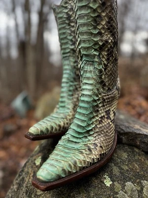 ANTIGUO GRINGO RARO Piel de Pitón Botas Vaqueras Occidentales Aqua Verde Menta 8.5B B Barrocas Foto 1 de 4