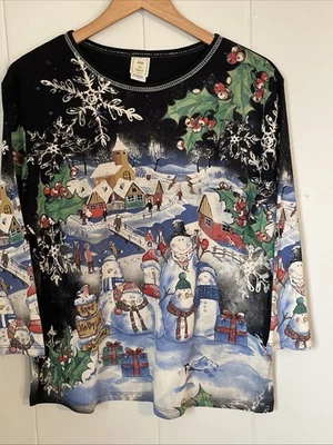 Camisa de Navidad Jess & Jane Top Talla Grande Pintada Escénica Muñecos de Nieve Pueblo Para Mujer Foto 1 de 4