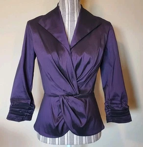 Tadashi Shoji Fitted Jacket Sz 6 Stretch Eggplant Purple Blazer Ruched Taffeta  - Picture 1 of 12