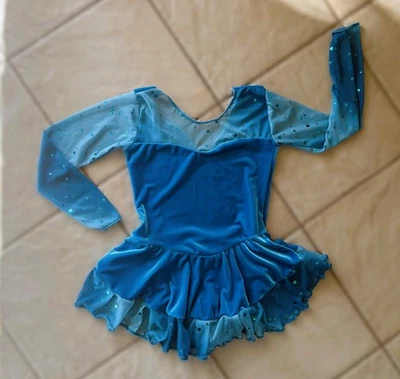 NEW Girls SPARKLY Aqua Turquoise VELVET Competition FIGURE Ice Skating DRESS - Image 1 of 4