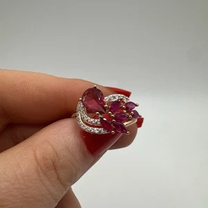 Anillo con racimo de hojas de rubí rosa dorado laminado de 14 quilates - Sello 585RG - Talla P1/2 Reino Unido - Imagen 1 de 10