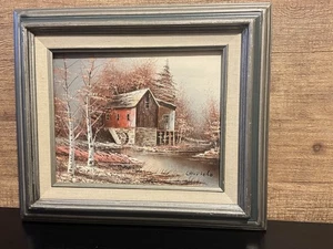 Handmade Windmill Barn & River Canvas Oil Painting Signed Caufield 13x15 - Picture 1 of 7