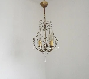 French Vintage 4 Light Toleware Cage Chandelier White Murano Drops & Beads 5335 - Picture 1 of 12