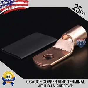 25 PCS 1/0 AWG 0 GA Copper Ring Terminal Heat Shrink 5/16" Hole Lug Bare US - Picture 1 of 1