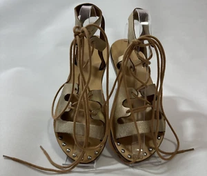 Steve Madden Rella Gold Leather Strappy Lace Up Studded Gladiator Sandals Sz 6.5 - Picture 1 of 16