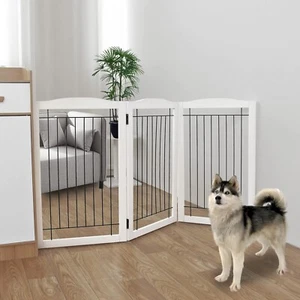 Freestanding Foldable Dog Gate Tall / Extra Wide Wooden White Pet Gate - Picture 1 of 3