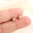 Tiny Gold Round Flower Clover Pave Cubic Zirconia Stud Earrings