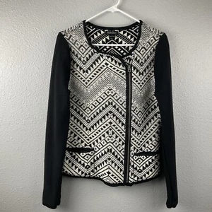 Lucky Brand Zip Knit Cardigan Sweater Black White Southwest Pockets Cropped Sz L - Picture 1 of 16