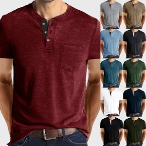 Men Short Sleeve Casual T-shirt Henley Grandad V Neck Button Solid Tee Shirt Top - Picture 1 of 26