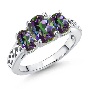 925 Sterling Silver Green Mystic Topaz Filigree Style 3 Stone Ring for Women - Picture 1 of 6