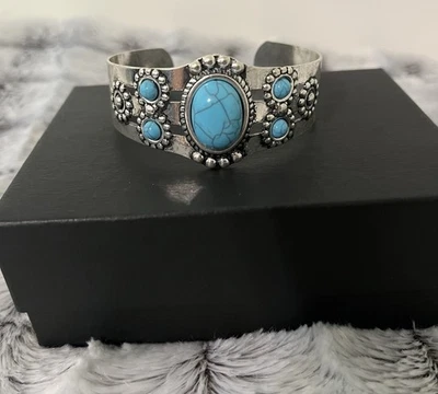 Boho Silver Vintage Turquoise Bracelet Cuff - Image 1 of 4