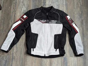 MENS HARLEY DAVIDSON MESH JACKET MED WHITE BLACK RED WIND CAVE ARMOR REFLECTIVE - Picture 1 of 24