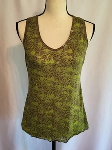 ☆Vintage Años 90☆ Camiseta sin mangas Cuello en V Verde Boho Floral Semisheer Elástica M-L - Imagen 1 de 10