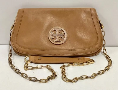 TORY BURCH Amanda Logo Clutch/Crossbody Tan/Brown Leather Bag - Image 1 of 4
